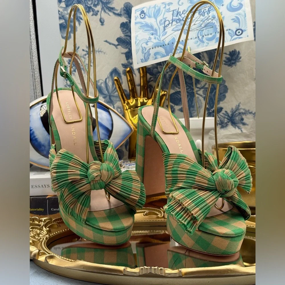 🆕 LOEFFLER RANDALL 🧿 NWOB Natalia Pleated Bow Platform Sandal, Plaid Green Sz7